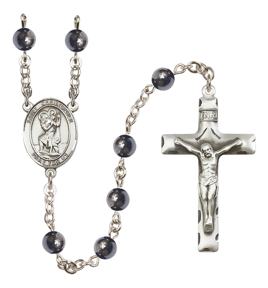 St. Christopher Rosary - 6mm Hematite beads - 8022