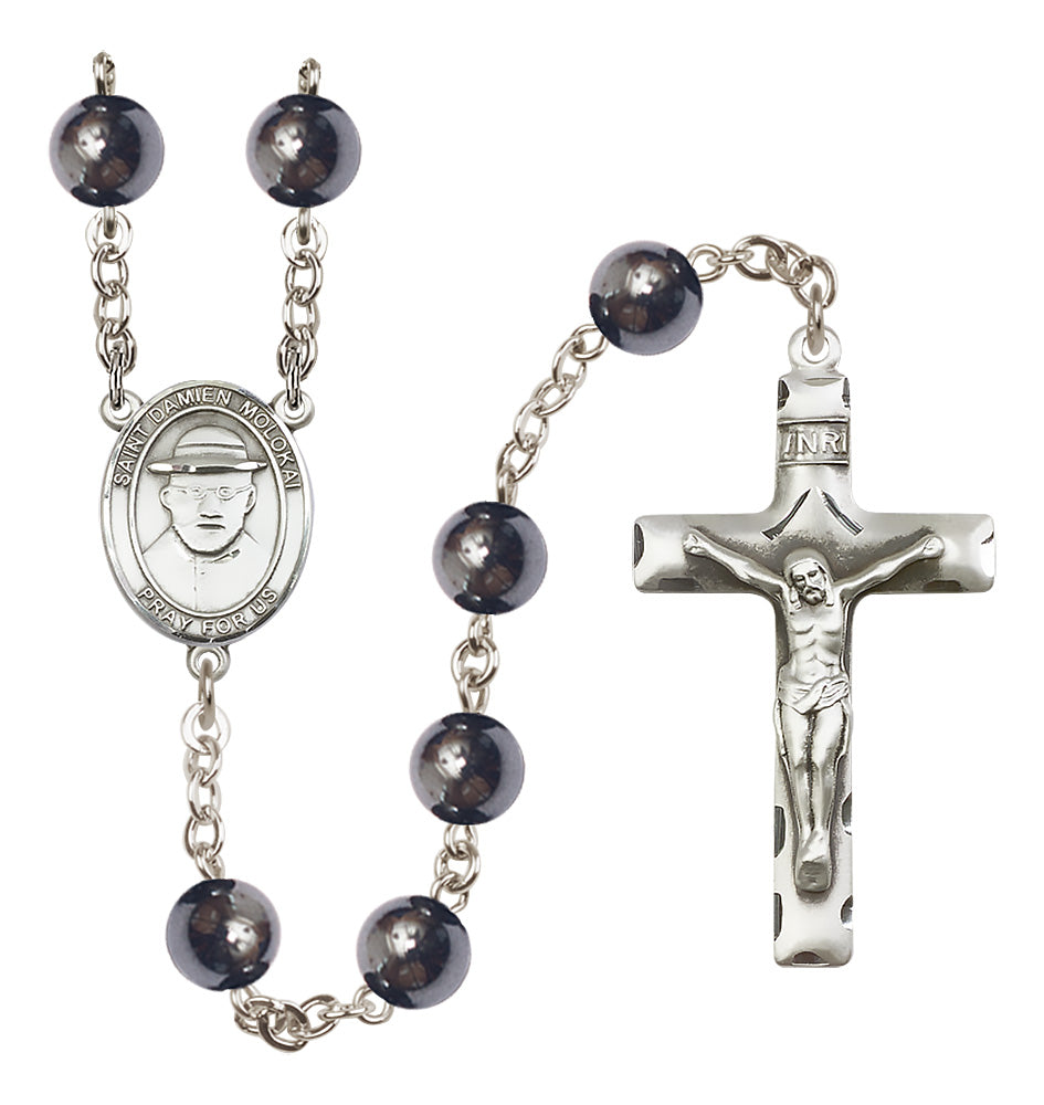 St. Damien of Molokai Rosary - 8mm Hematite beads - 8412
