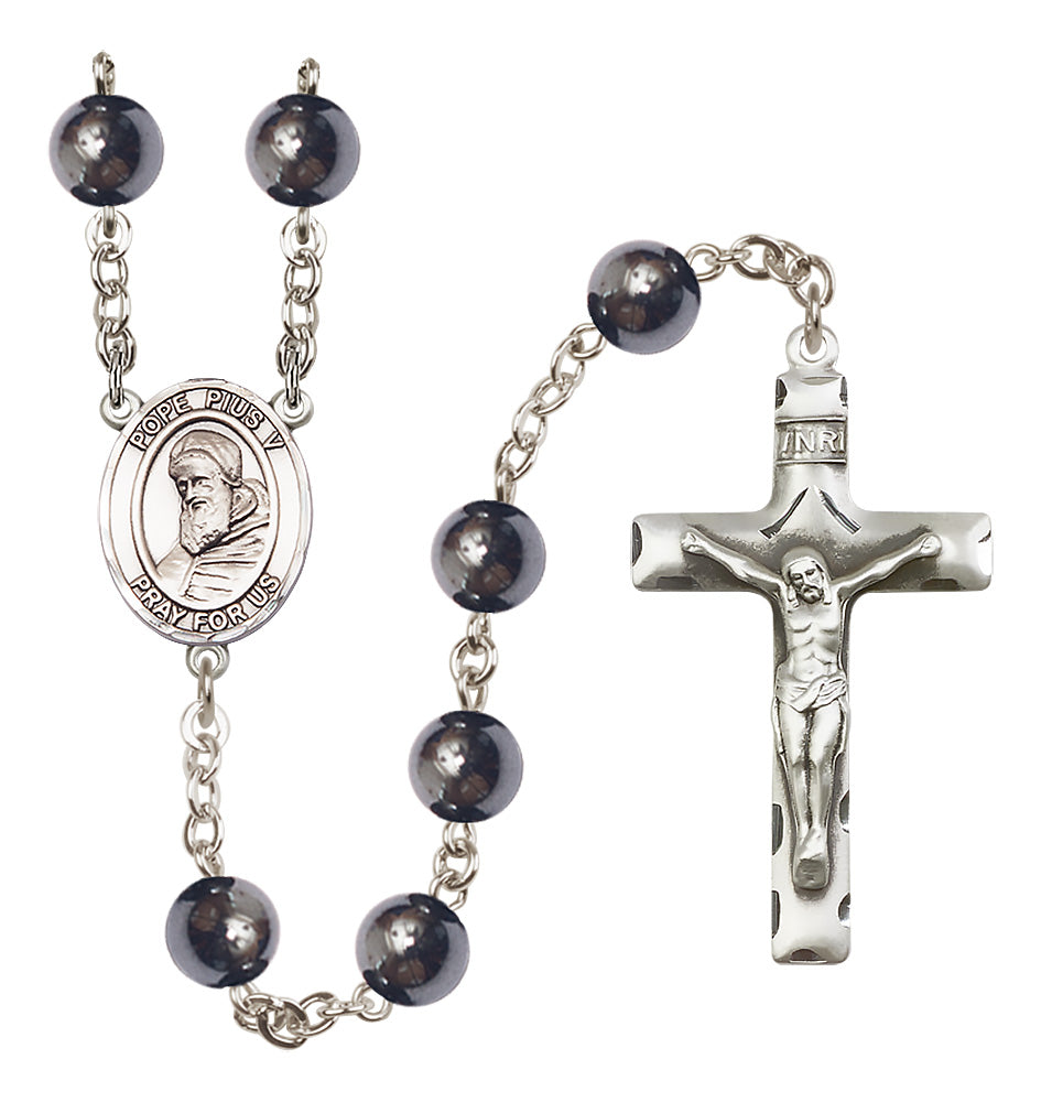 St. Pius X Rosary - 8mm Hematite beads - 8452