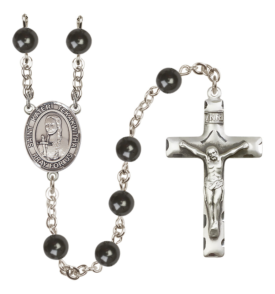 St. Kateri Tekakwitha Rosary - 7mm Black Onyx beads - 8438