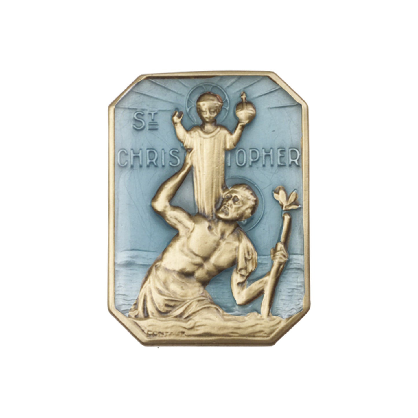 Antique Gold St. Christopher Visor Clip with Blue Epoxy Finish - 1049EVG