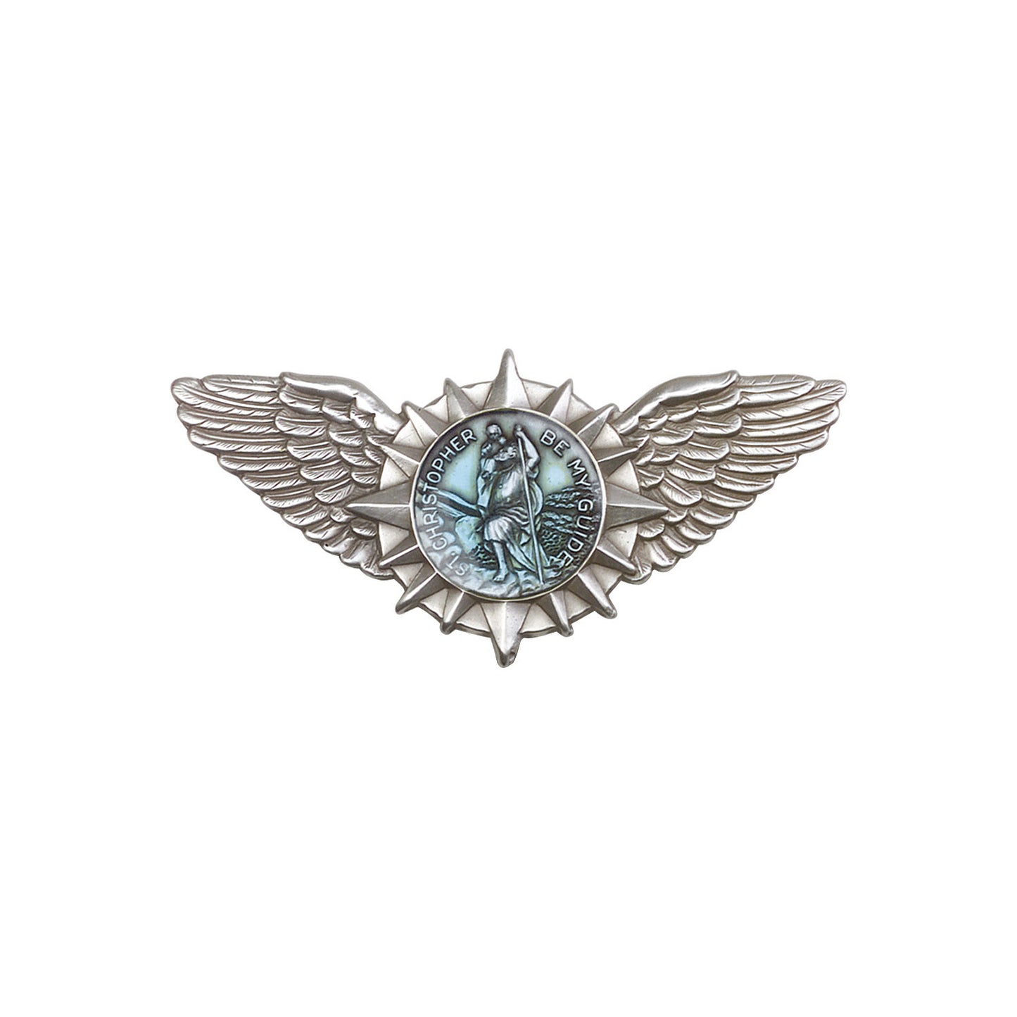 Antique Silver St. Christopher / Wings Visor Clip with Blue Epoxy Finish - 1067EV