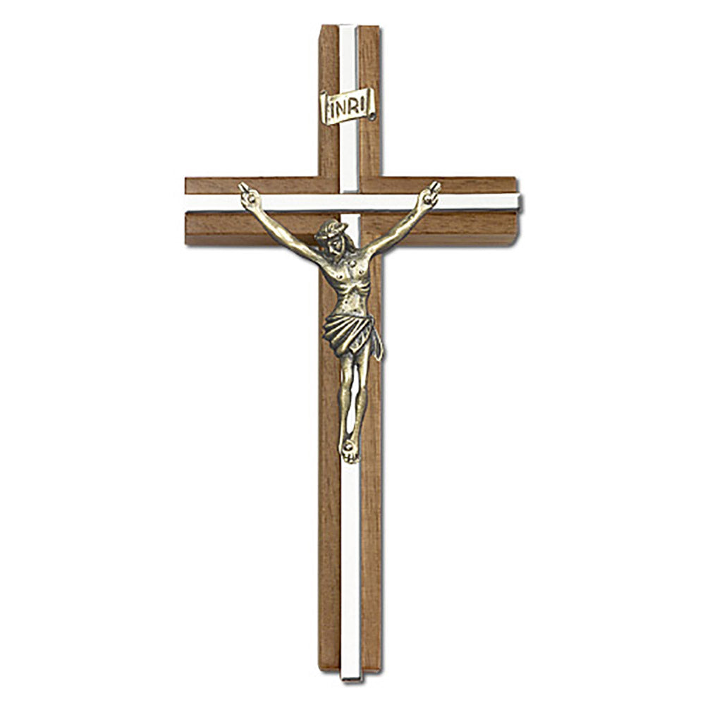 6 inch Antique Gold Crucifix, Walnut w/ Polished Silver Finish inlay - 5090G/S