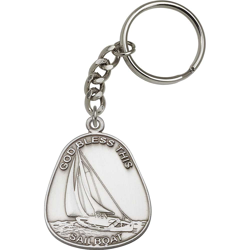 Antique Silver God Bless This Sailboat Keychain - 5880