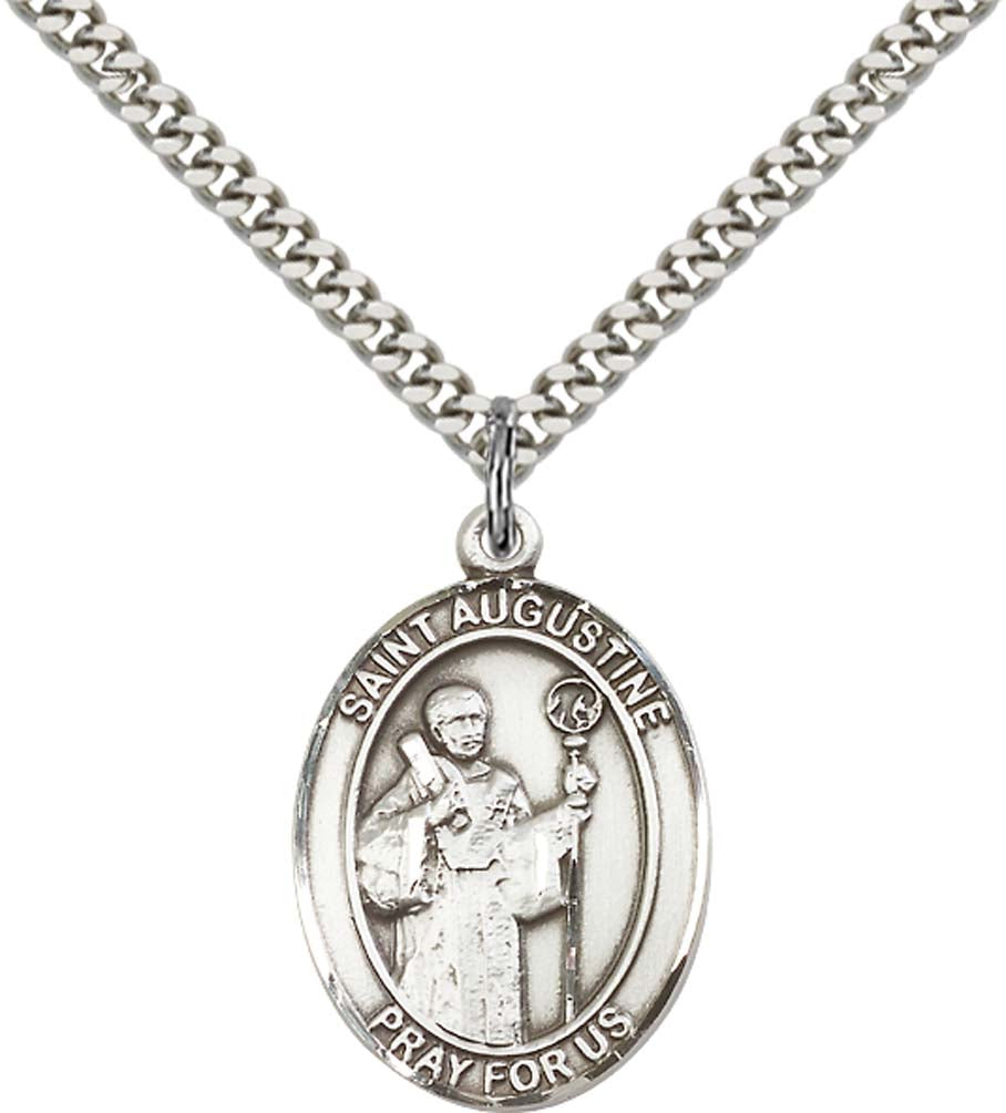 Sterling Silver St. Augustine Pendant with 24 Inch Light Rhodium Heavy Curb Chain