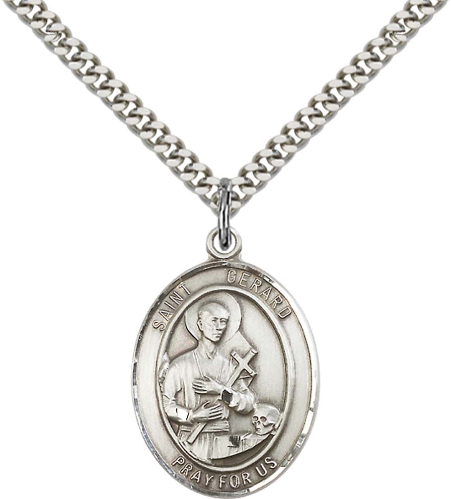Sterling Silver St. Gerard Majella Pendant with 24 Inch Light Rhodium Heavy Curb Chain