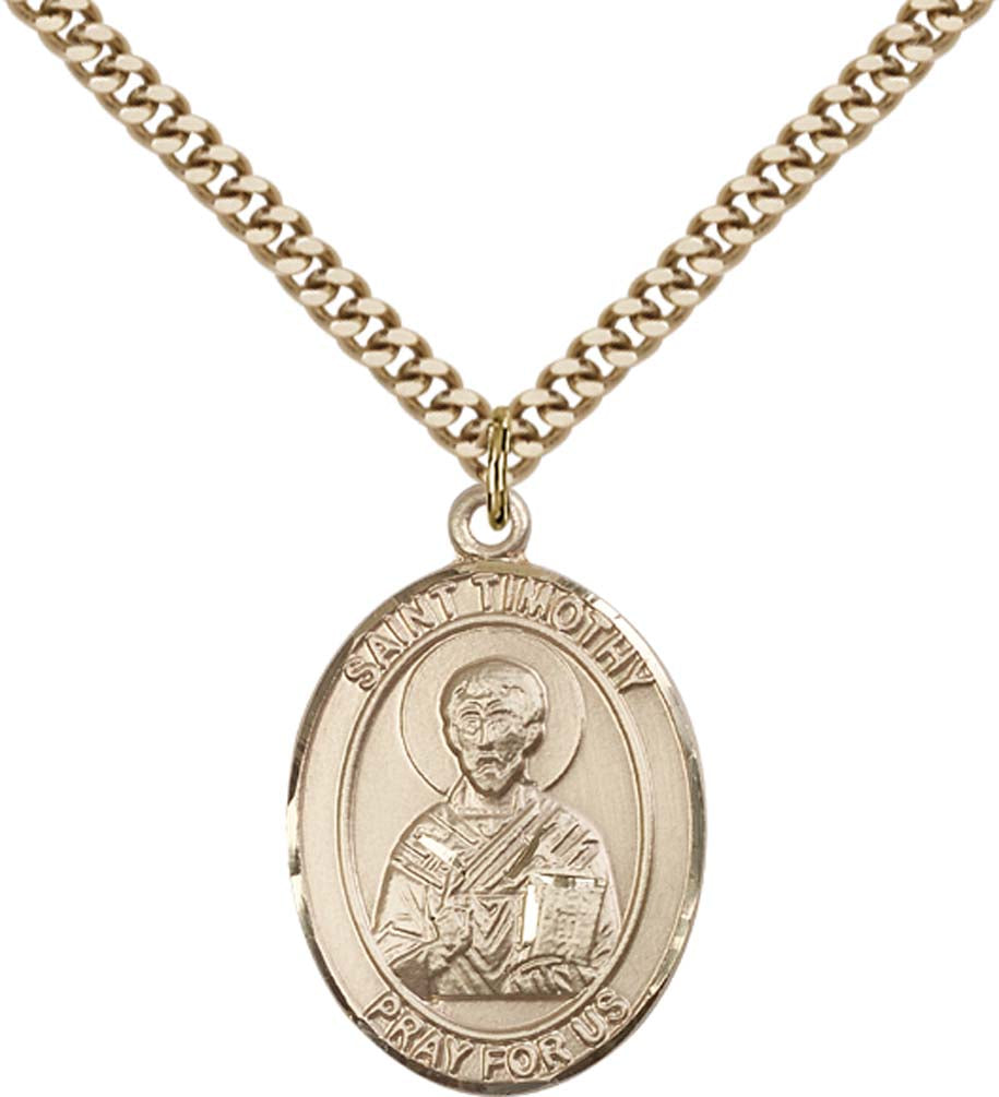 14kt Gold Filled St. Timothy Pendant with 24 inch Gold Plate Heavy Curb Chain