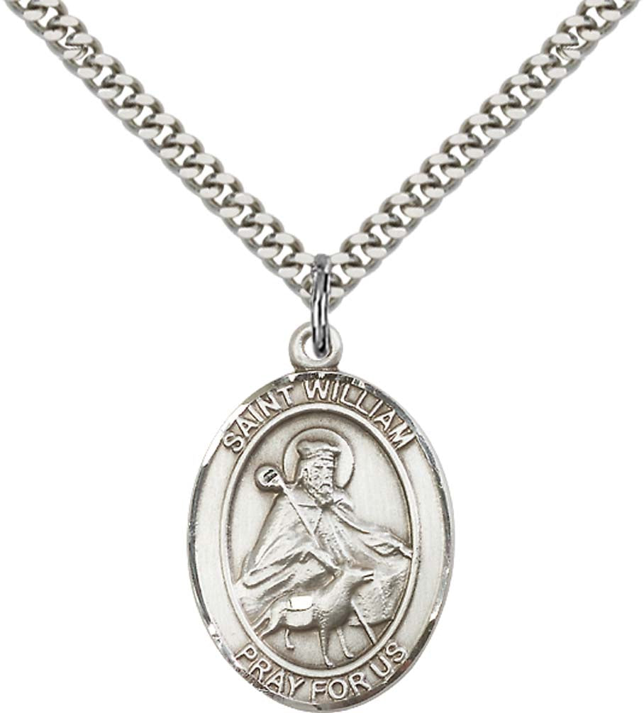 Sterling Silver St. William of Rochester Pendant with 24 Inch Light Rhodium Heavy Curb Chain