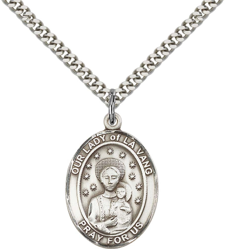 Sterling Silver O/L of La Vang Pendant with 24 Inch Light Rhodium Heavy Curb Chain
