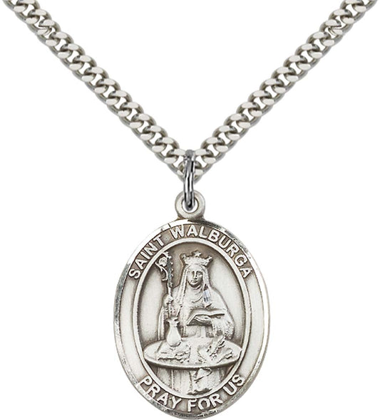 Sterling Silver St. Walburga Pendant with 24 Inch Light Rhodium Heavy Curb Chain
