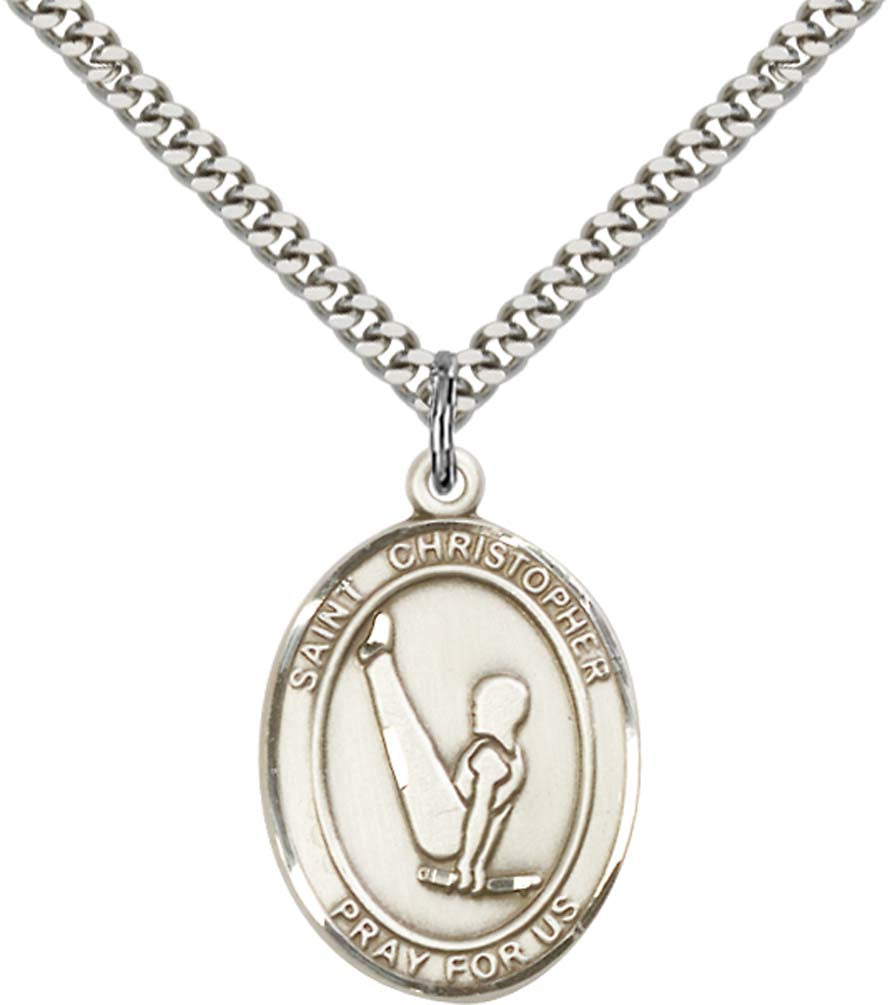 Sterling Silver St. Christopher Pendant with 24 Inch Light Rhodium Heavy Curb Chain - Large Gymnastics