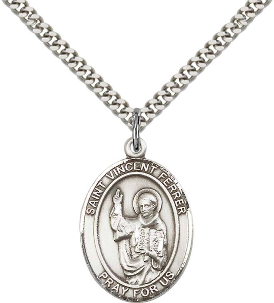 Sterling Silver St. Vincent Ferrer Pendant with 24 Inch Light Rhodium Heavy Curb Chain