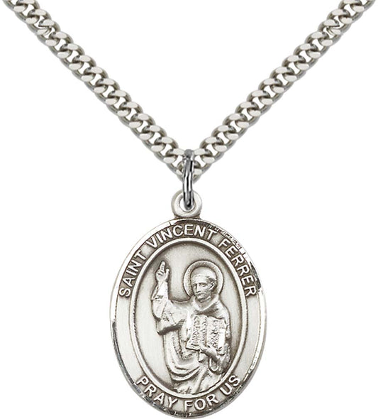 Sterling Silver St. Vincent Ferrer Pendant with 24 Inch Light Rhodium Heavy Curb Chain