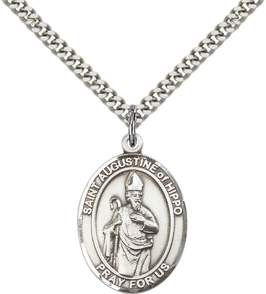 Sterling Silver St. Augustine of Hippo Pendant with 24 Inch Light Rhodium Heavy Curb Chain