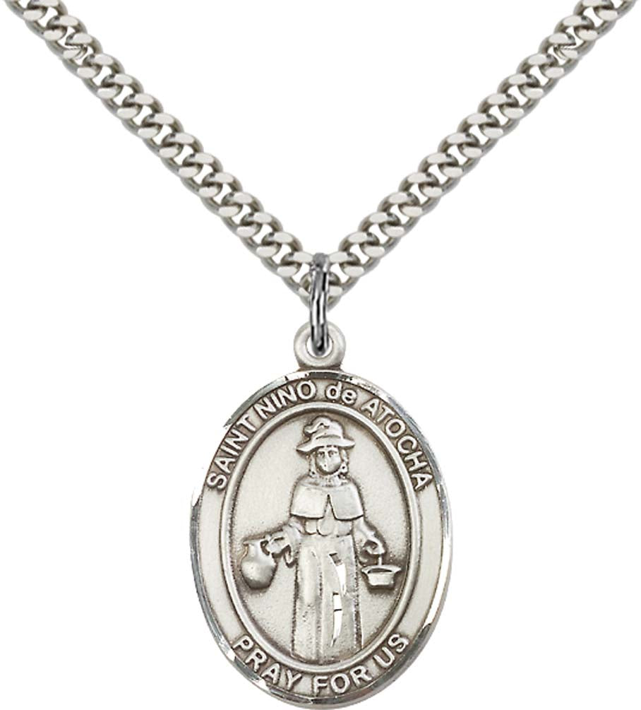 Sterling Silver St. Nino de Atocha Pendant with 24 Inch Light Rhodium Heavy Curb Chain