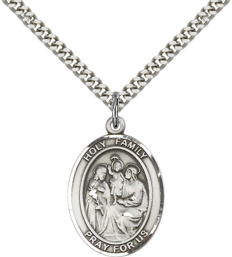 Sterling Silver Holy Family Pendant with 24 Inch Light Rhodium Heavy Curb Chain