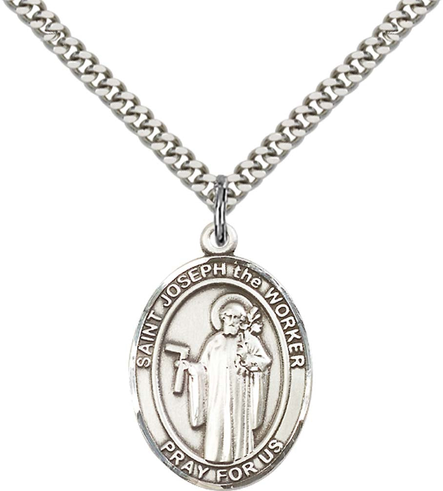 Sterling Silver St. Joseph The Worker Pendant with 24 Inch Light Rhodium Heavy Curb Chain