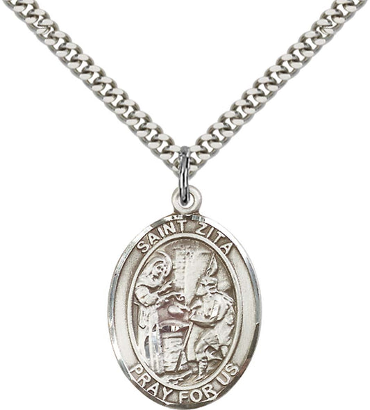 Sterling Silver St. Zita Pendant with 24 Inch Light Rhodium Heavy Curb Chain