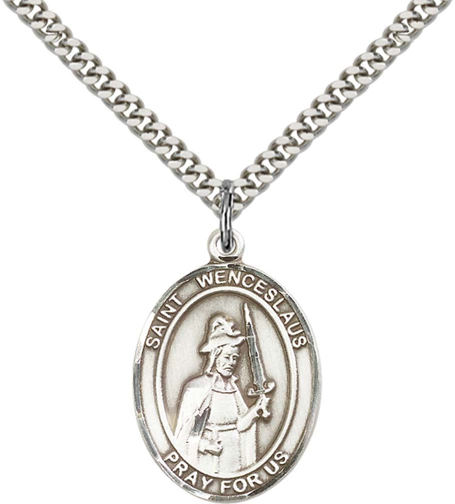 Sterling Silver St. Wenceslaus Pendant with 24 Inch Light Rhodium Heavy Curb Chain