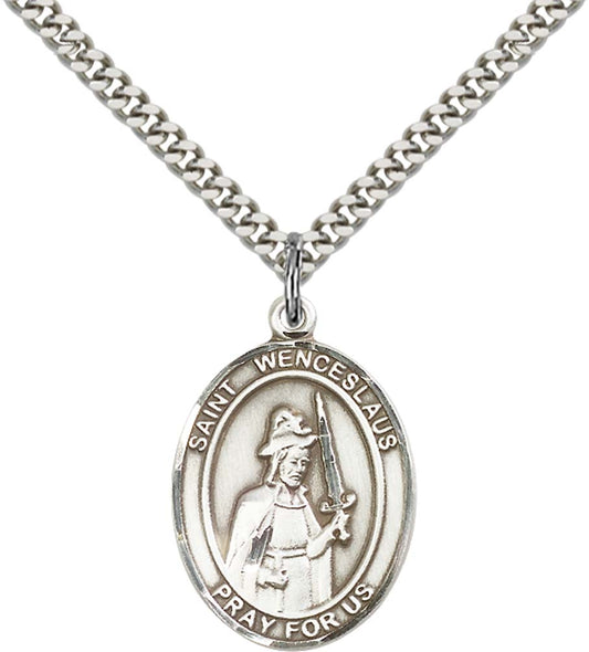 Sterling Silver St. Wenceslaus Pendant with 24 Inch Light Rhodium Heavy Curb Chain