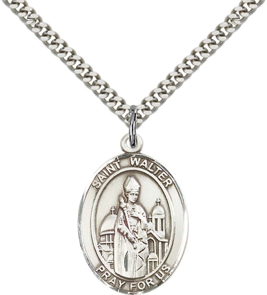 Sterling Silver St. Walter of Pontoise Pendant with 24 Inch Light Rhodium Heavy Curb Chain
