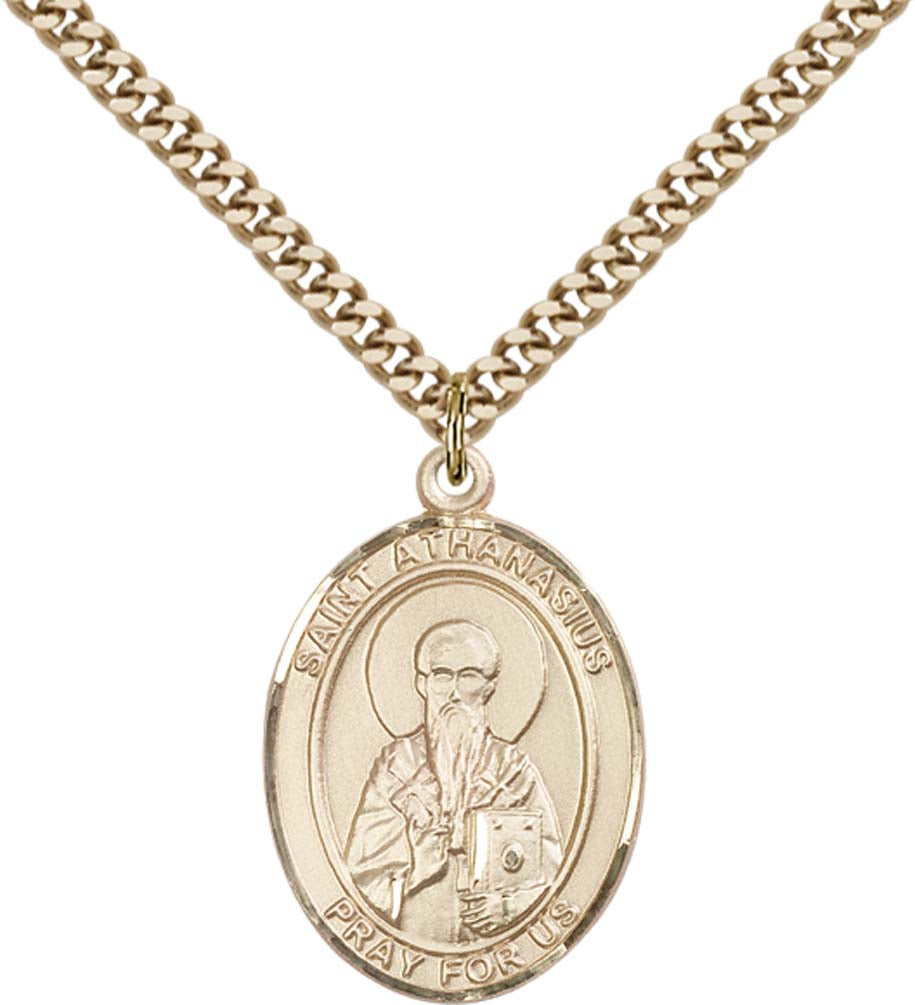 14kt Gold Filled St. Athanasius Pendant with 24 inch Gold Plate Heavy Curb Chain
