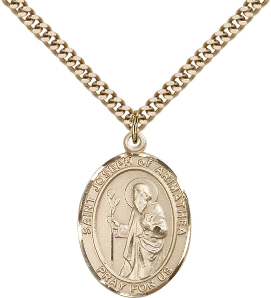 14kt Gold Filled St. Joseph Pendant with 24 inch Gold Plate Heavy Curb Chain - Large Saint Joseph of Arimathea