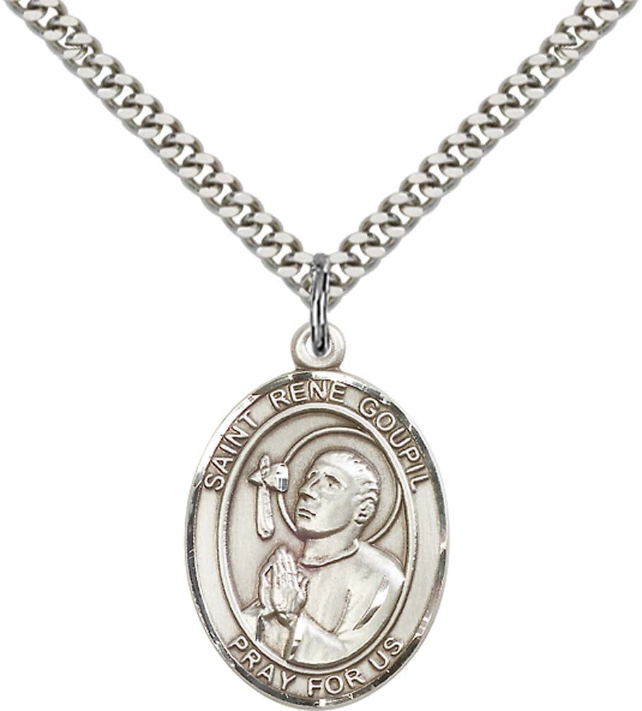Sterling Silver St. Rene Goupil Pendant with 24 Inch Light Rhodium Heavy Curb Chain