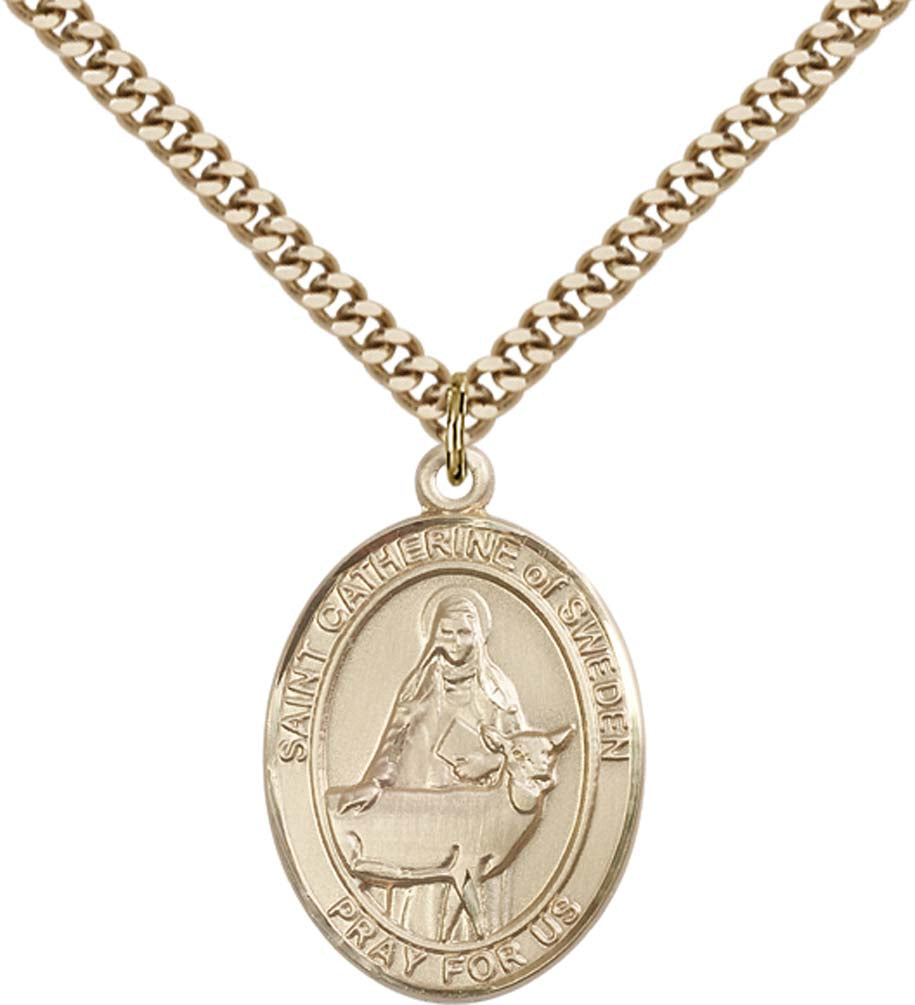 14kt Gold Filled St. Catherine of Sweden Pendant with 24 inch Gold Plate Heavy Curb Chain