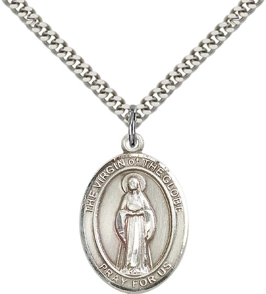 Sterling Silver Virgin of the Globe Pendant with 24 Inch Light Rhodium Heavy Curb Chain