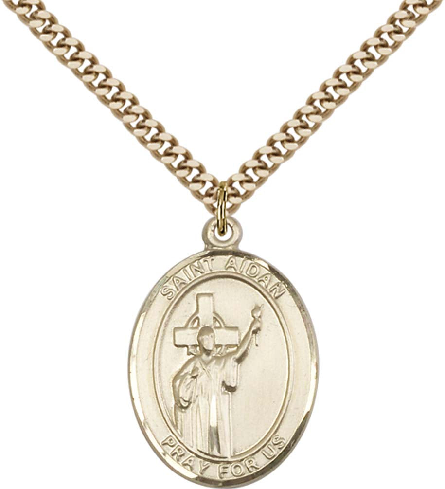 14kt Gold Filled St. Aidan Of Lindesfarne Pendant with 24 inch Gold Plate Heavy Curb Chain