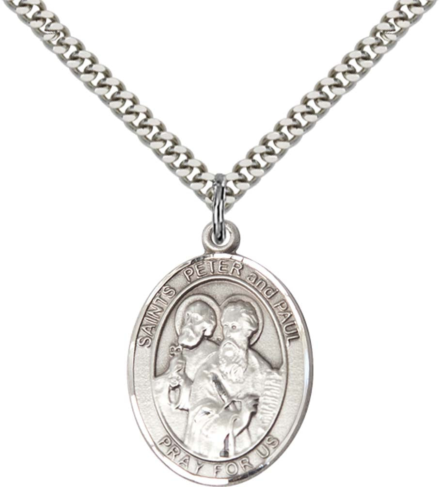 Sterling Silver St. Peter Pendant with 24 Inch Light Rhodium Heavy Curb Chain