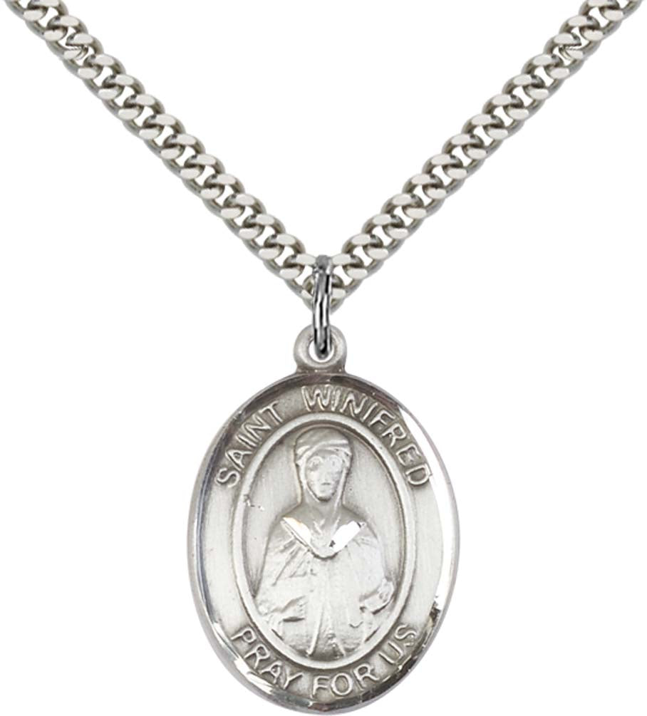 Sterling Silver St. Winifred of Wales Pendant with 24 Inch Light Rhodium Heavy Curb Chain