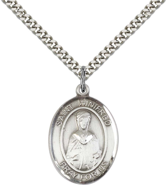 Sterling Silver St. Winifred of Wales Pendant with 24 Inch Light Rhodium Heavy Curb Chain