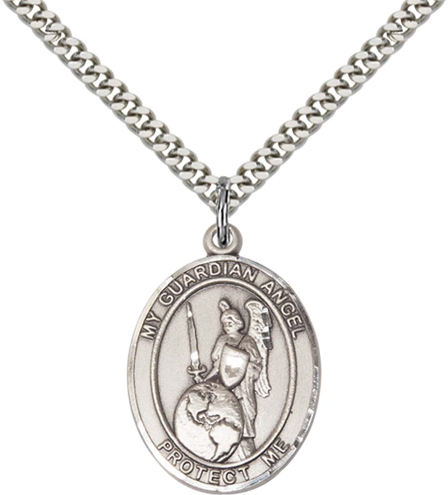 Sterling Silver Guardian Angel of the World Pendant with 24 Inch Light Rhodium Heavy Curb Chain