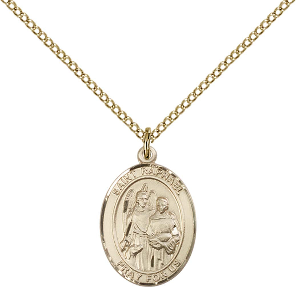14kt Gold Filled St. Raphael the Archangel Pendant with 18 inch Gold Filled Light Curb Chain - Medium