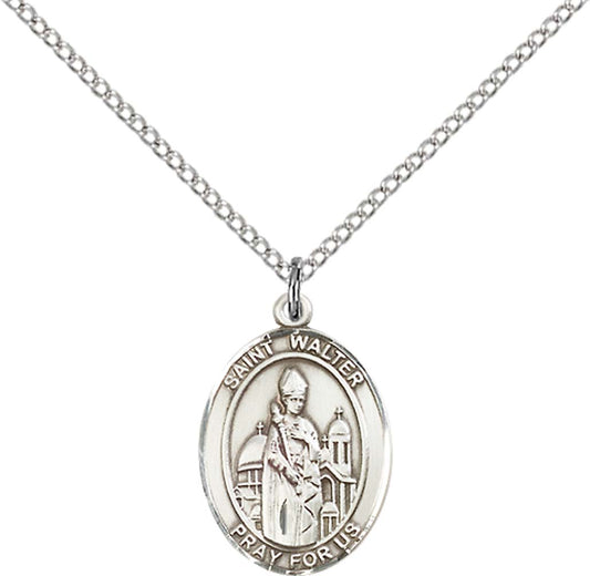 Sterling Silver St. Walter of Pontoise Pendant with 18 inch Sterling Silver Light Curb Chain - Medium