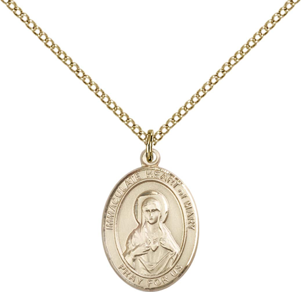 14kt Gold Filled Immaculate Heart of Mary Pendant with 18 inch Gold Filled Light Curb Chain - Medium