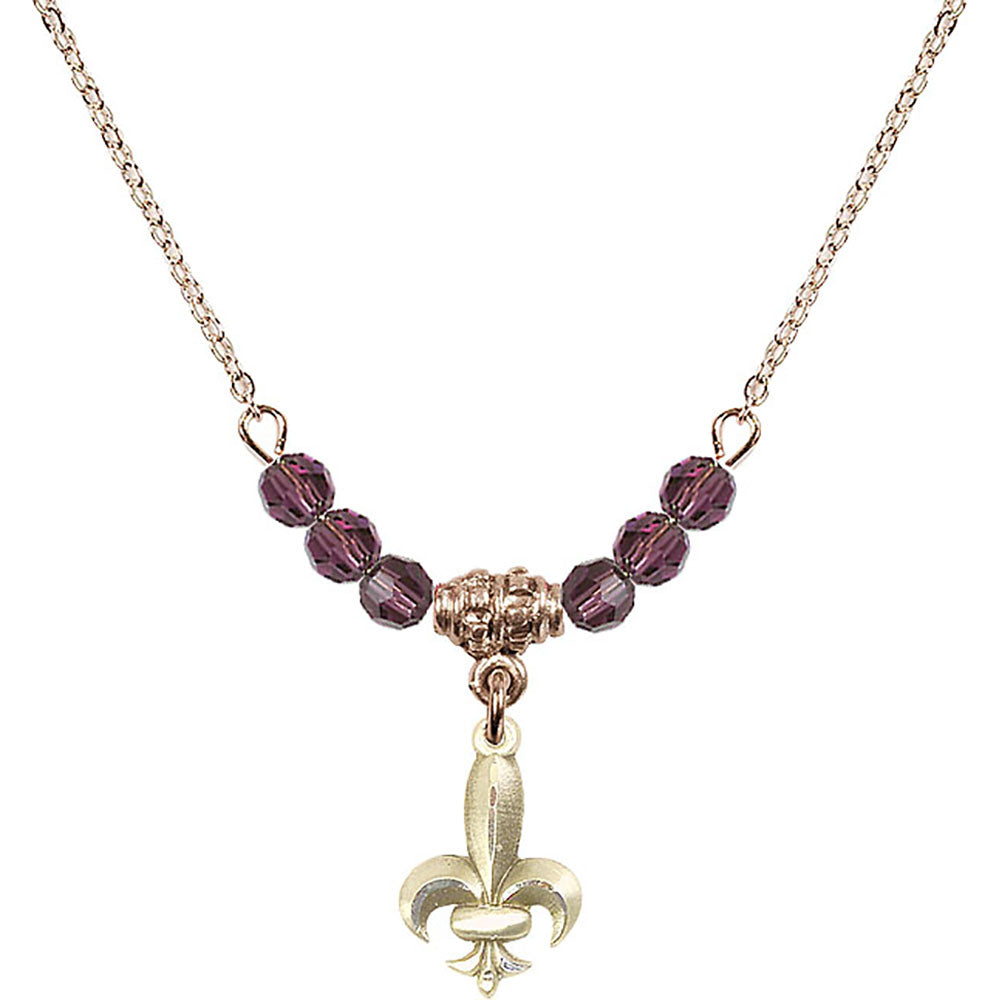 14kt Gold Filled Fleur de Lis Birthstone Necklace with Amethyst Beads - 0293