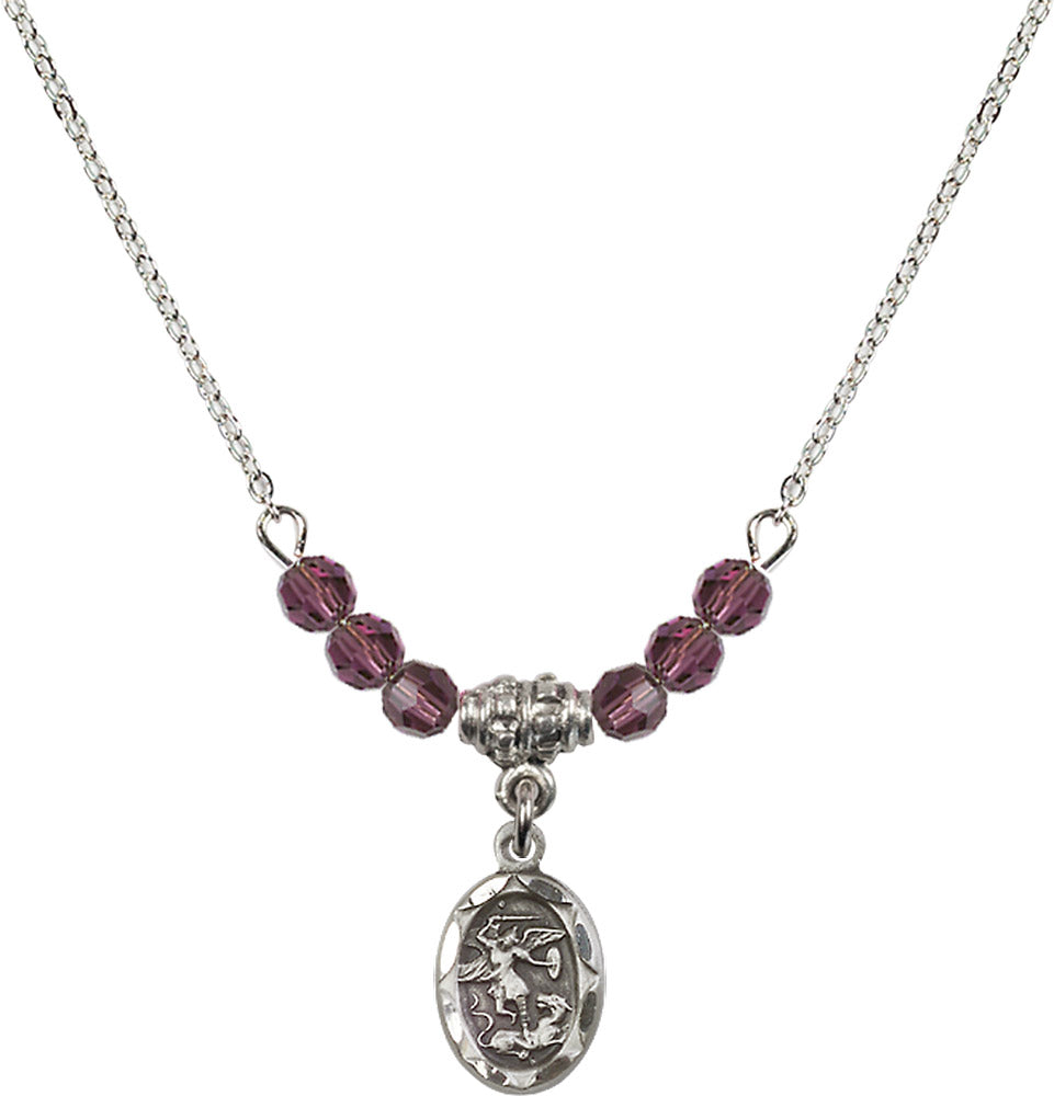 Sterling Silver Saint Michael the Archangel Birthstone Necklace with Amethyst Beads - 0301