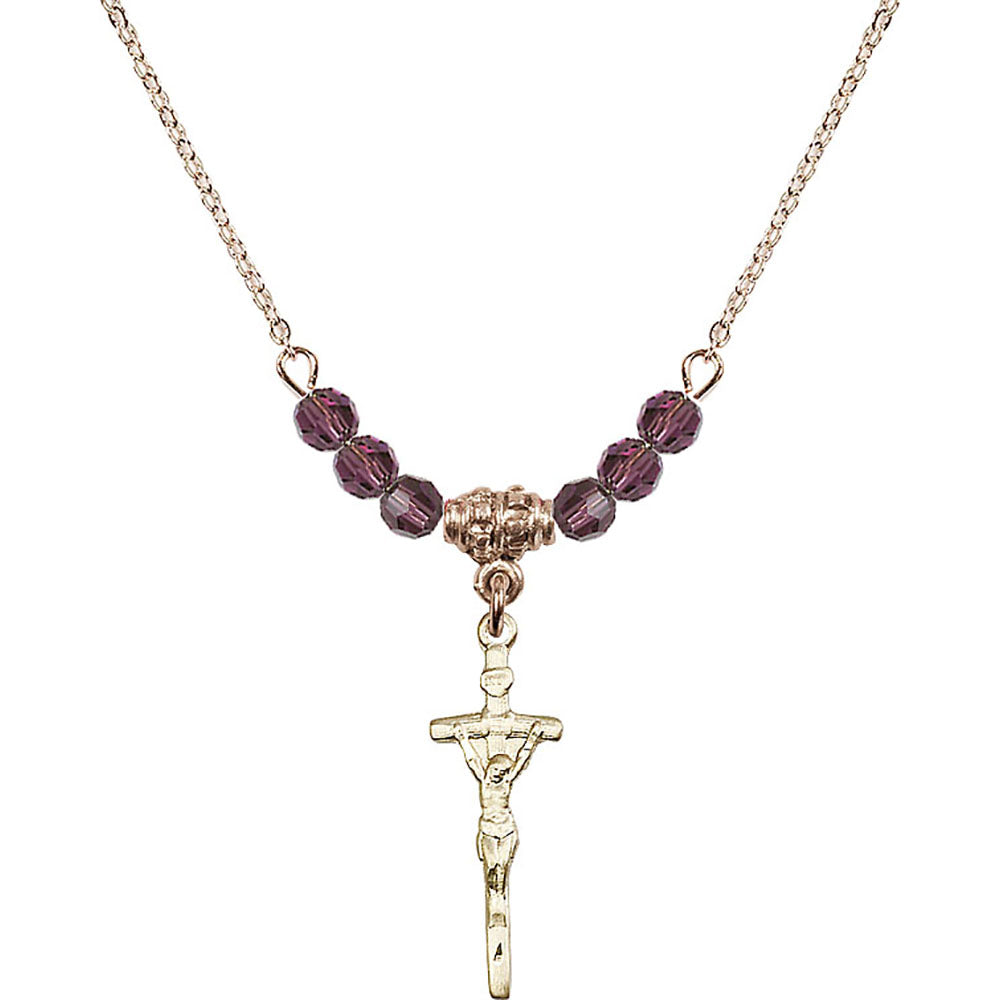 14kt Gold Filled Papal Crucifix Birthstone Necklace with Amethyst Beads - 0563