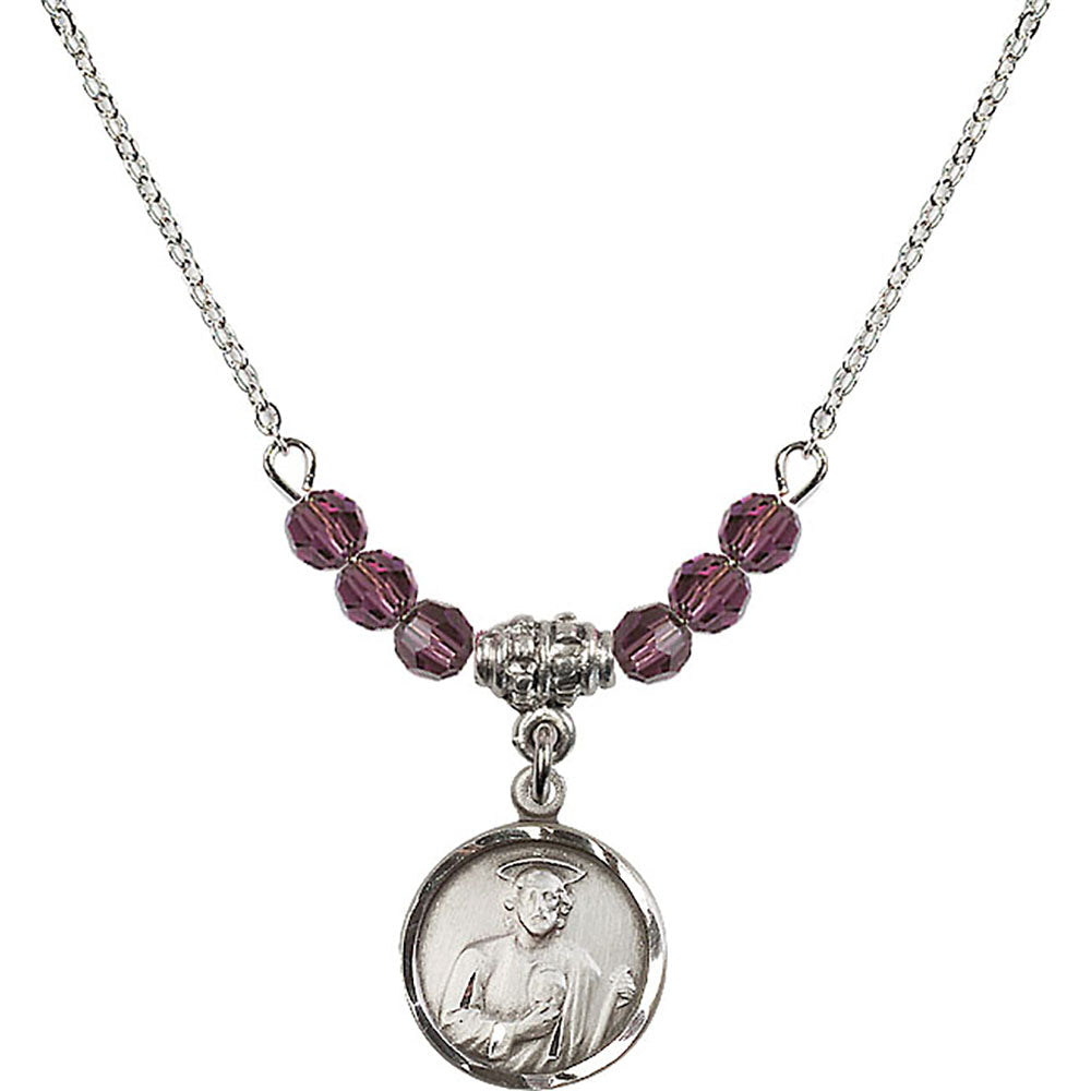 Sterling Silver Saint Jude Birthstone Necklace with Amethyst Beads - 0601