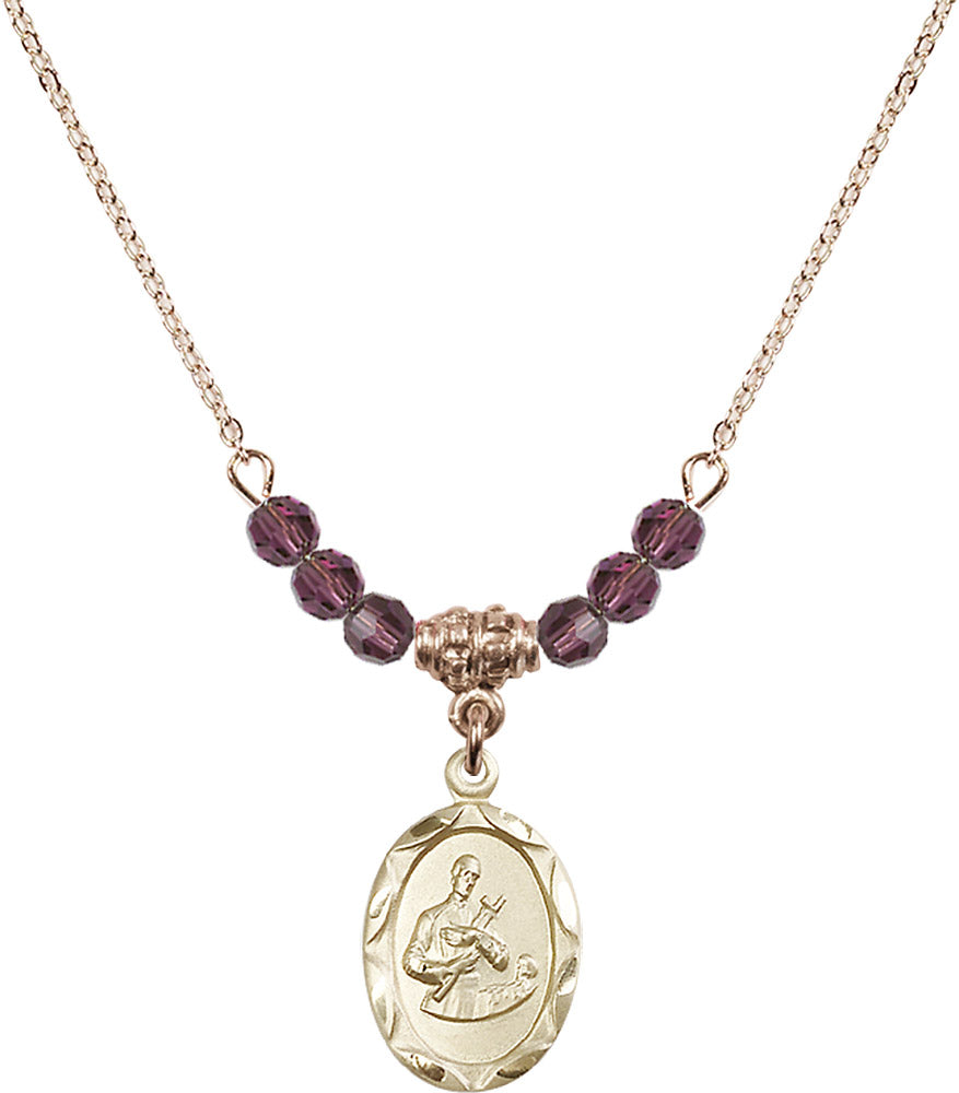14kt Gold Filled Saint Gerard Birthstone Necklace with Amethyst Beads - 0612