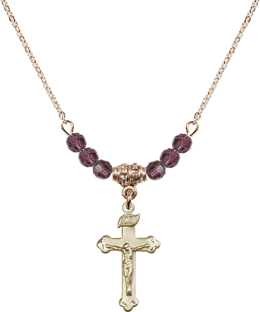 14kt Gold Filled Crucifix Birthstone Necklace with Amethyst Beads - 0669