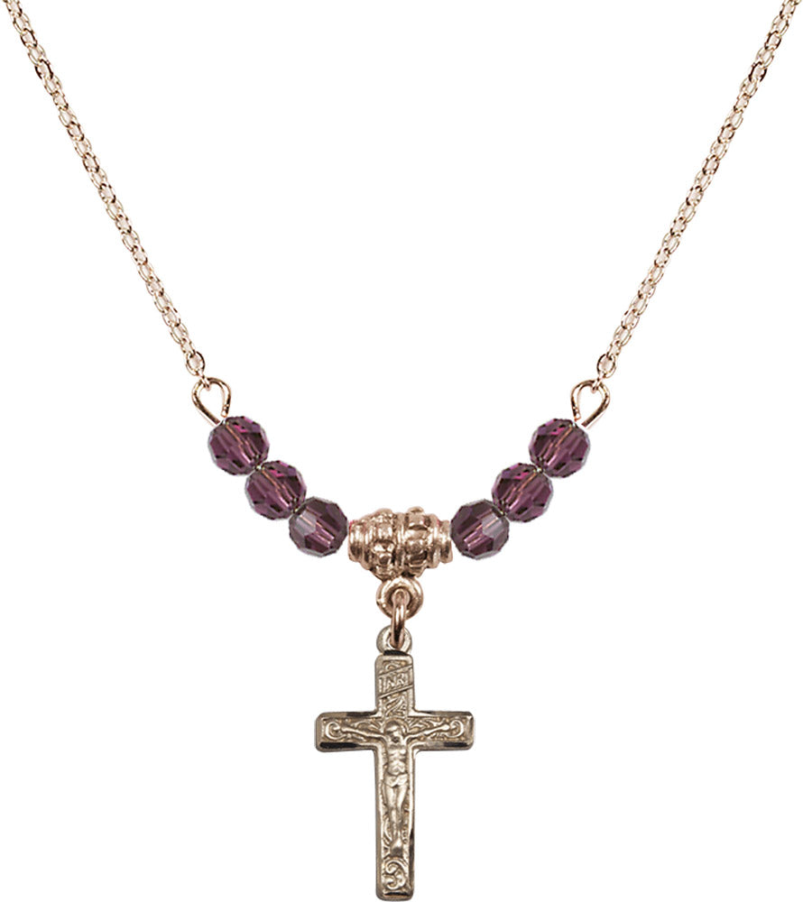 14kt Gold Filled Crucifix Birthstone Necklace with Amethyst Beads - 0672