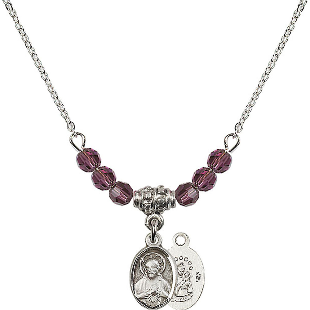 Sterling Silver Scapular Birthstone Necklace with Amethyst Beads - 0702