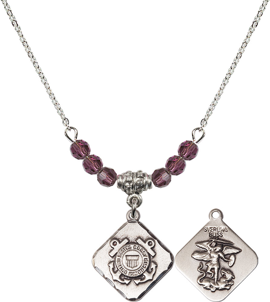 Sterling Silver Coast Guard Diamond Birthstone Necklace with Amethyst Beads - 1180
