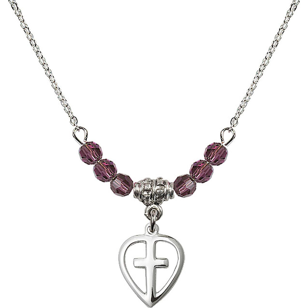 Sterling Silver Heart / Cross Birthstone Necklace with Amethyst Beads - 1709