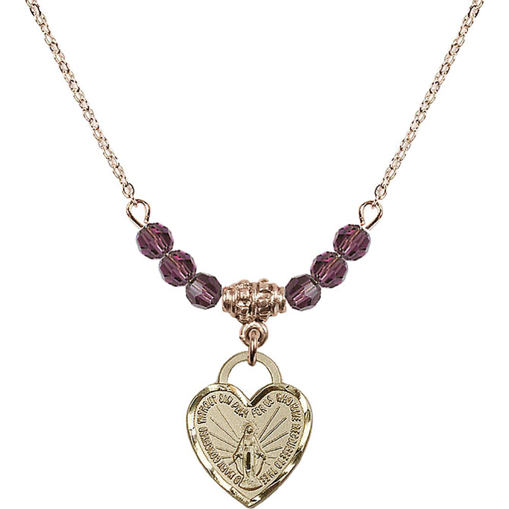 14kt Gold Filled Miraculous Heart Birthstone Necklace with Amethyst Beads - 3401