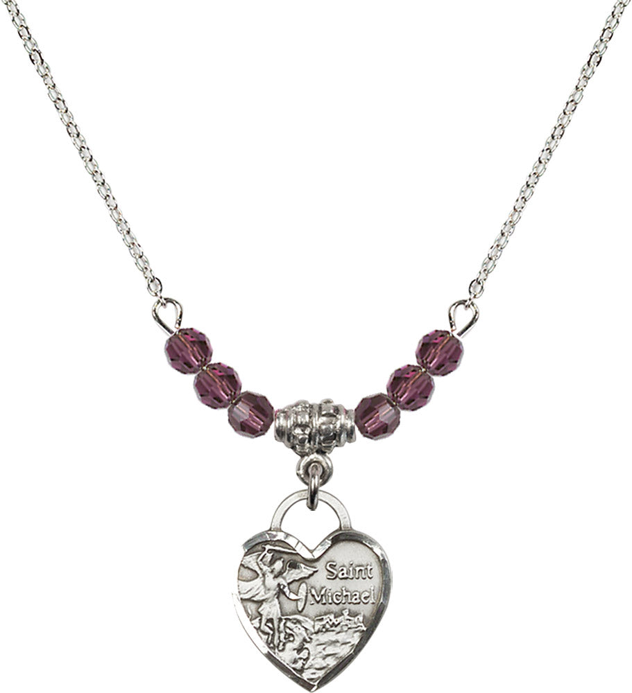 Sterling Silver Saint Michael Heart Birthstone Necklace with Amethyst Beads - 3403